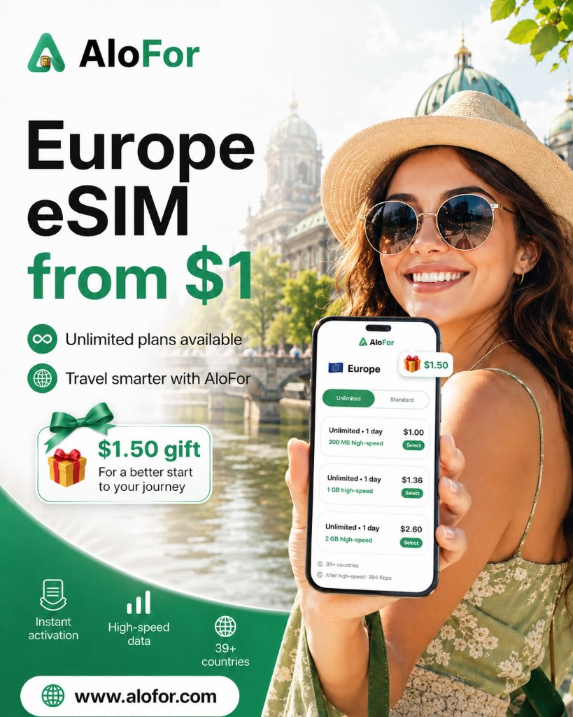 eSIM Europa da $1 con piani unlimited — anteprima AloFor