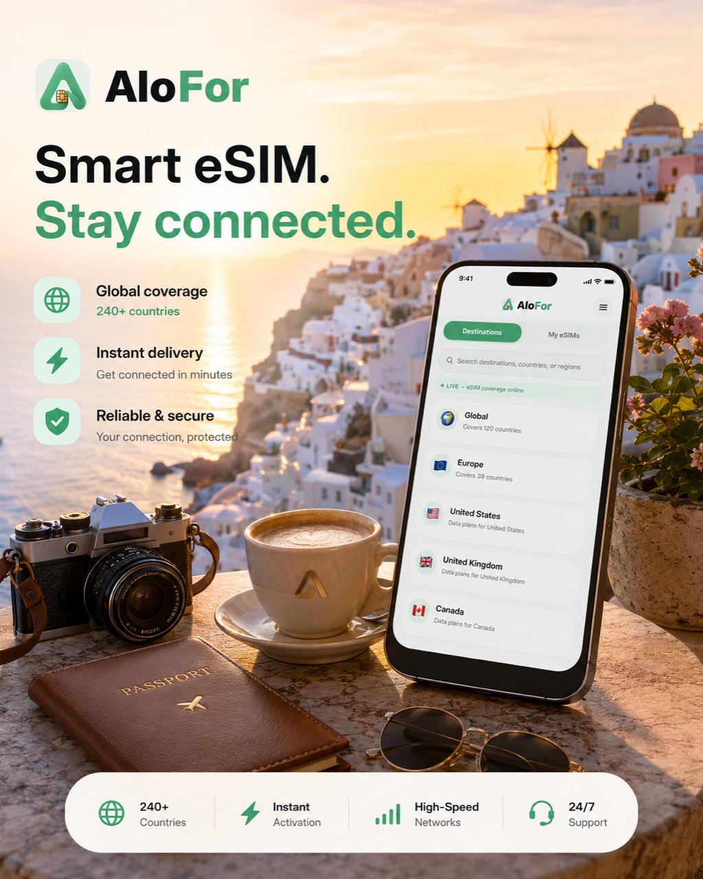 AloFor global eSIM coverage travel image in Santorini