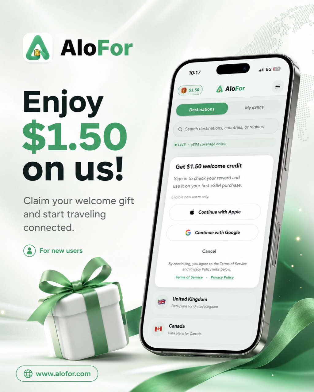 Crédito de bienvenida AloFor para planes eSIM globales