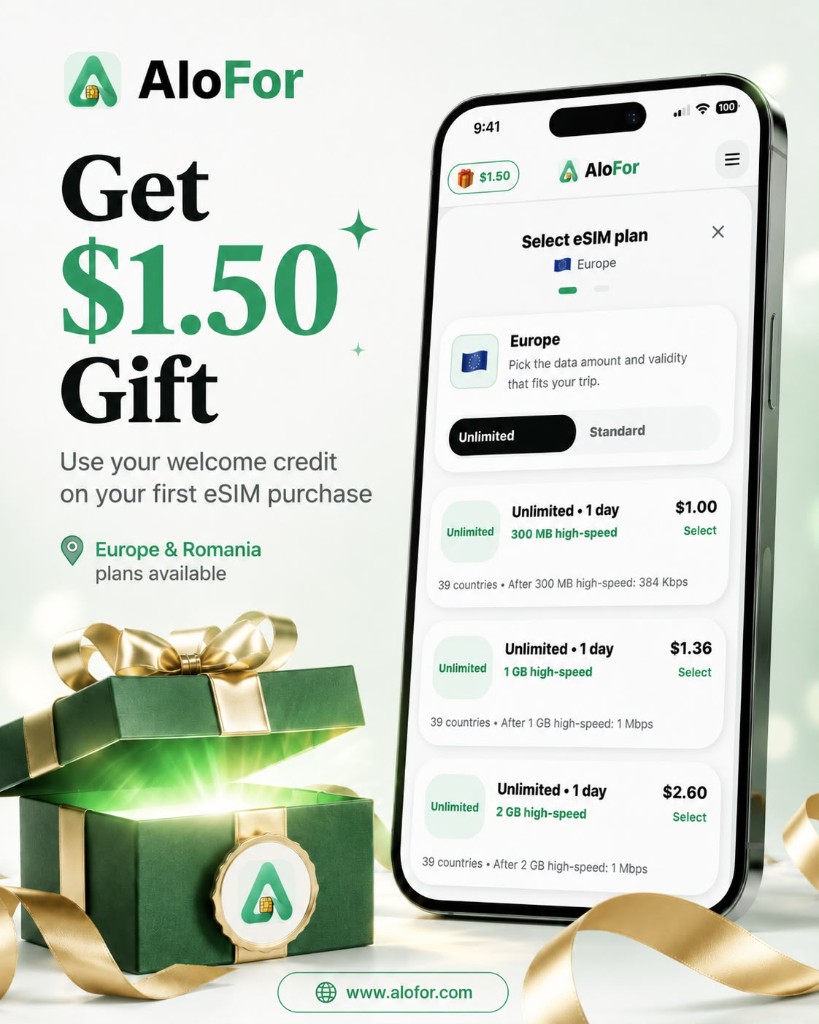 Regalo AloFor $1.50 per piani eSIM Europa e Romania